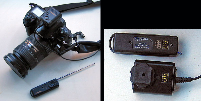 YN-120 rf remote shutter release mounted in flash shoe of a Nikon DSLR