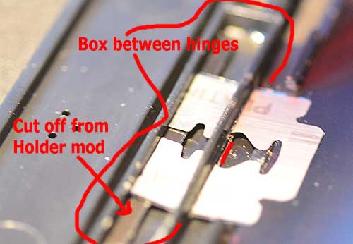 Close up of the Epson V850 Pro 120 film holder spring clip mod.